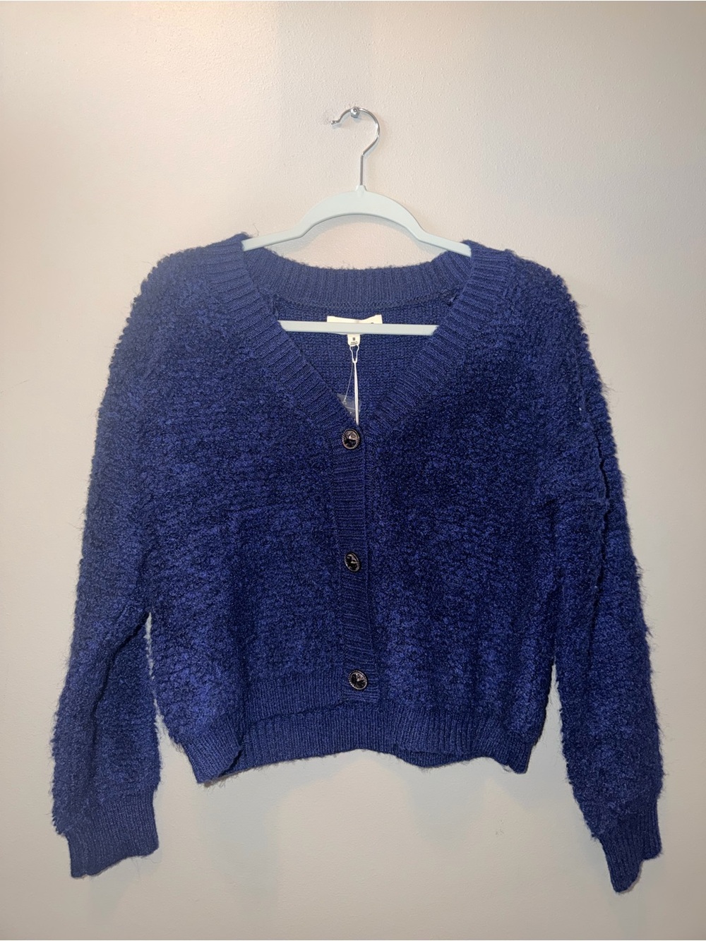 Lucky Brand Blue Fuzzy Bouclé Knit Raglan Sleeve V-Neck Cardigan Sweater